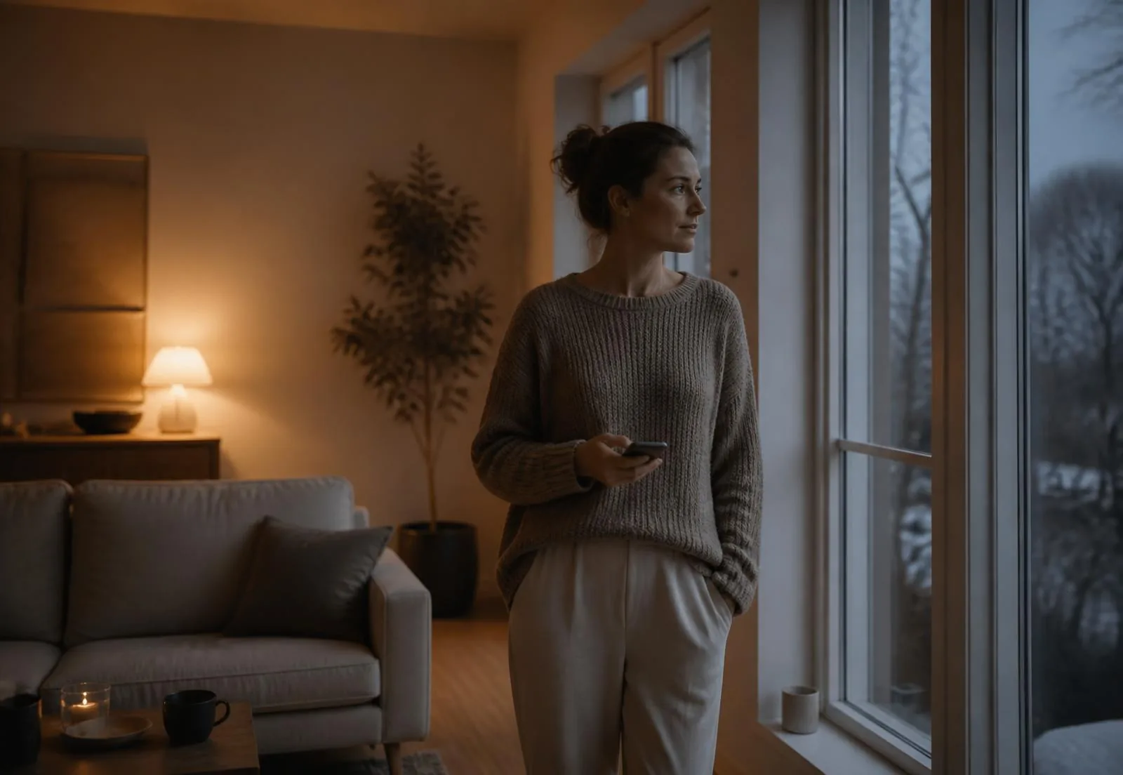 Kvinna med mobilen vid fönstret i ett hem en vinterkväll