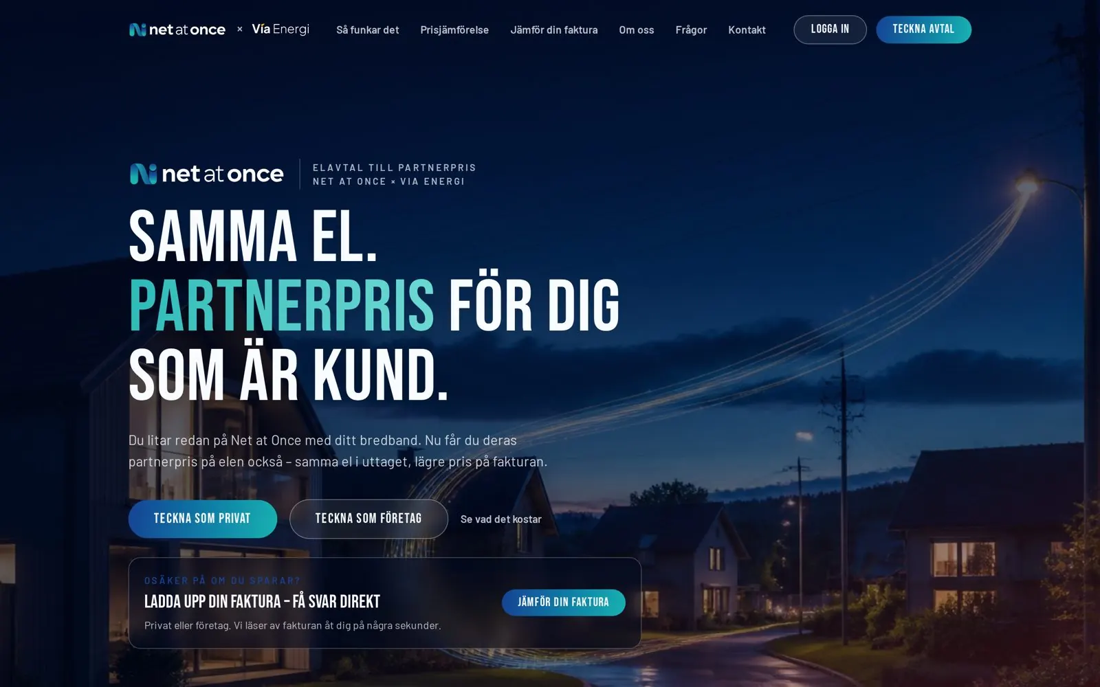 Partnerbrandad startsida för Net at Once elavtal, byggd på Via Energis elhandelsplattform