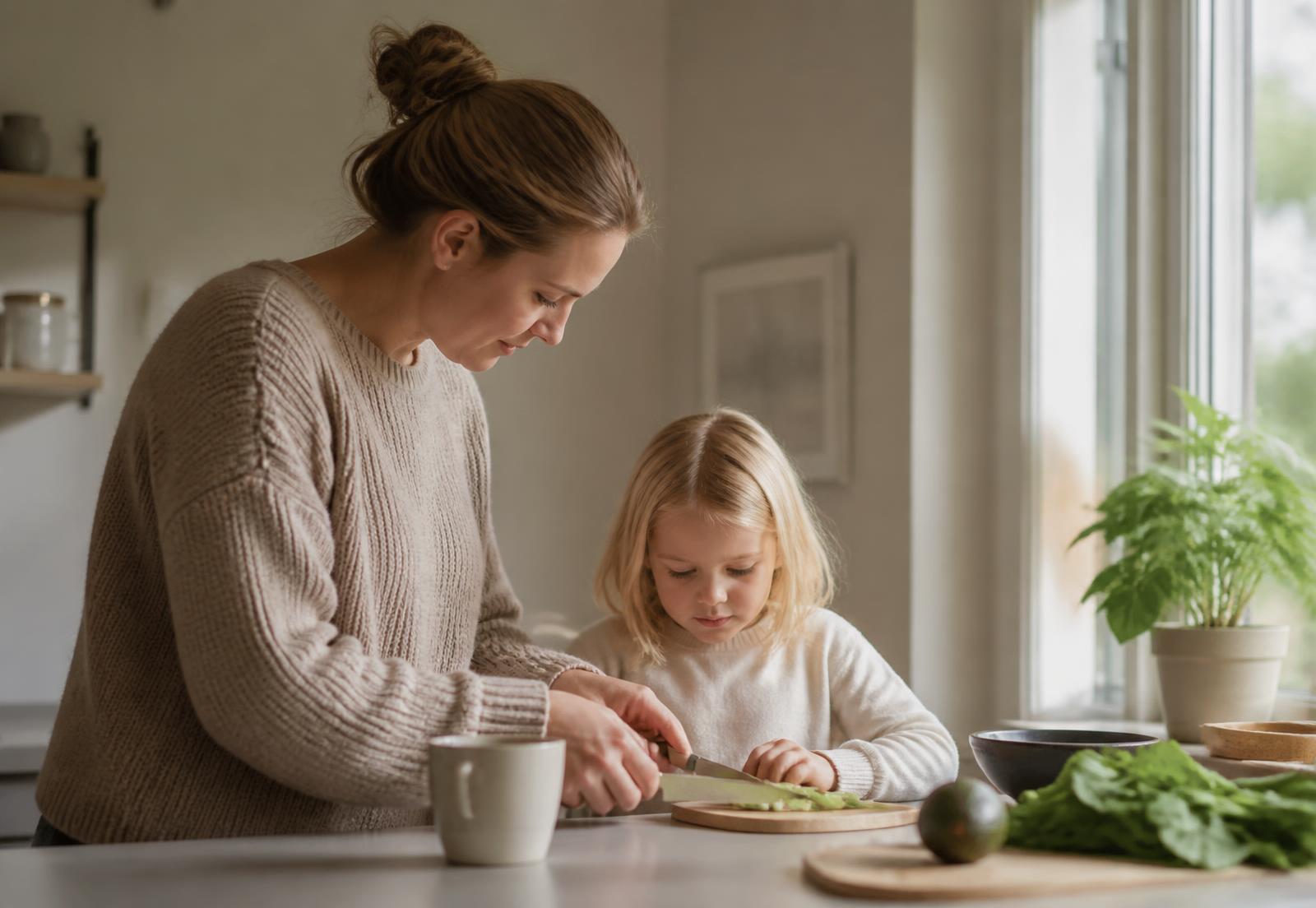 Förälder och barn lagar mat i ett kök i dagsljus