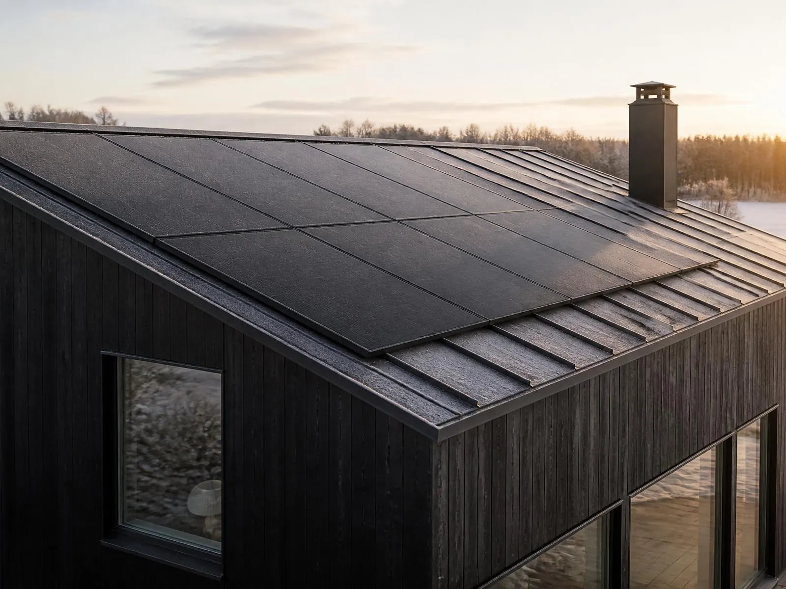 Helsvarta solpaneler på ett mörkt träklätt hus en frostig morgon